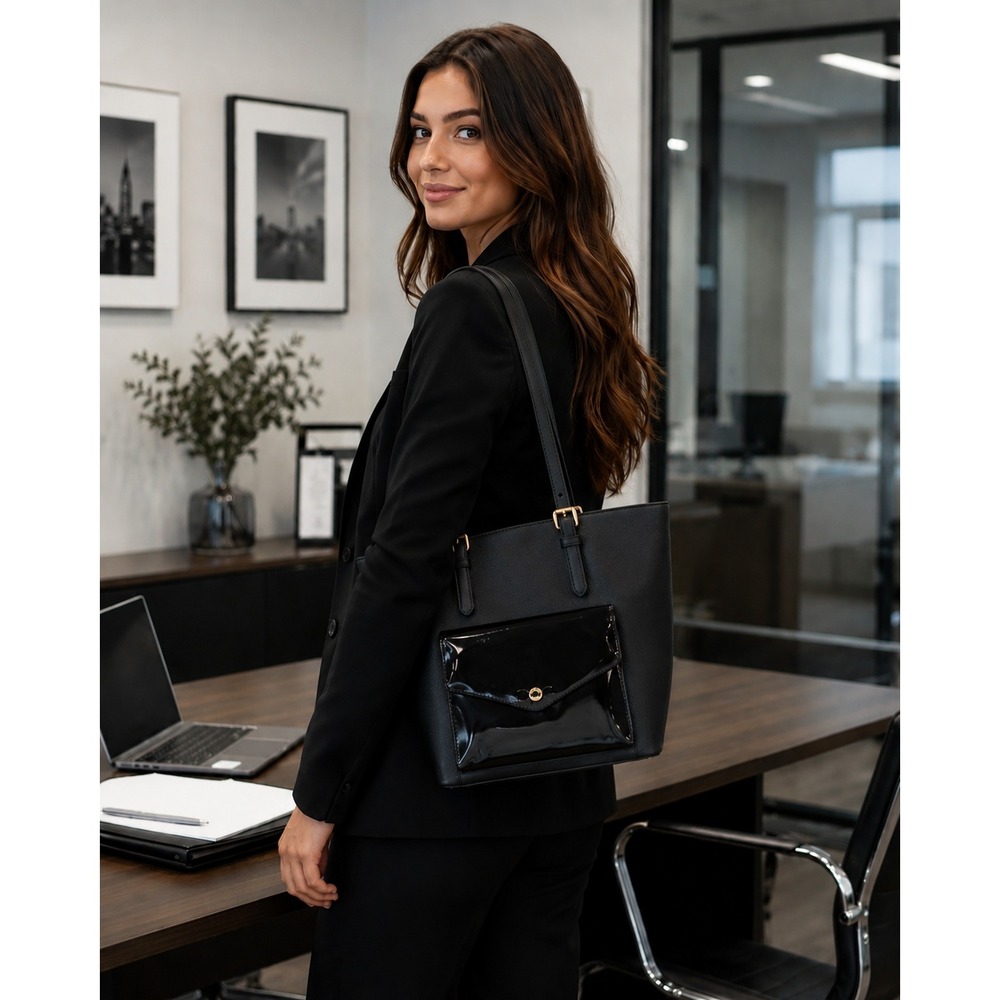 Michael Kors‎ Black Jet Set Purse Tote Large Patent Leather Pocket Minimalist